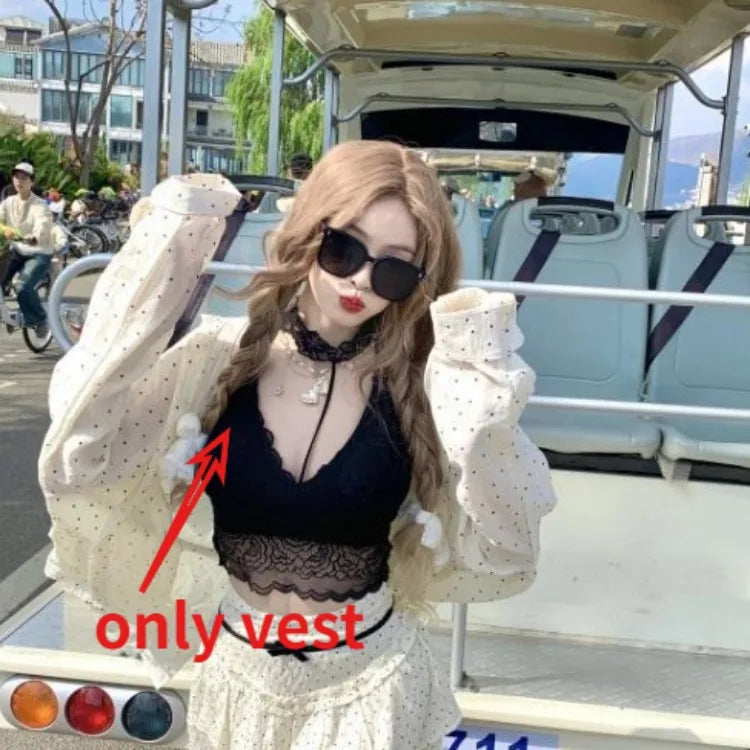 Hnewly spring birthday outfit Fashion Vintage Halter Sexy Lace Black Vest+ Y2k Slim Fit Long Sleeve Red Tops Women 2025 Early Autum New Two Piece Sets