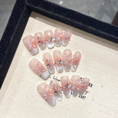 Hnewly 10Pcs Reuse Finished Fake Nails with Butterfly Deisgn Pink Cat's Eye French Handmade Press on False Nails Wearable Nail Art Tips