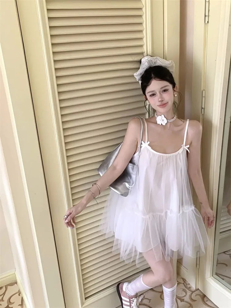 Hnewly  Mini Dresses Women Bow Sleeveless Slash Neck Mesh Patchwork Sweet Party Dress Sexy Party Female Fashion Princess
