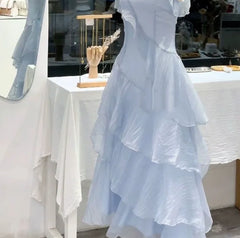 Hnewly  Novelty Woman Dress Summer Seaside Vacation Style Fairy Blue Rose Irregular Ruffle Edge Luxury Dress for Women