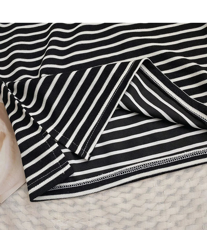 Hnewly  Classic Black White Striped Sweatshirts Casual Loose Turn-down Collar  Women's Spring 2025 New Korean Long Sleeve T-shirt Top