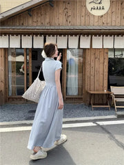 Hnewly  Blue Polo Neck Short Sleeve Long Dress Women's Summer Slim Fit Design Waist Cinching Skirt A-Line Gown Casual Elegant Style