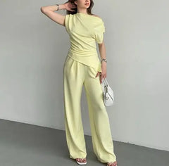 Hnewly  Women's Elegant Satin Two Pieces Set One Shoulder Detail and High Waist Straigh Pants  Solid Color Set