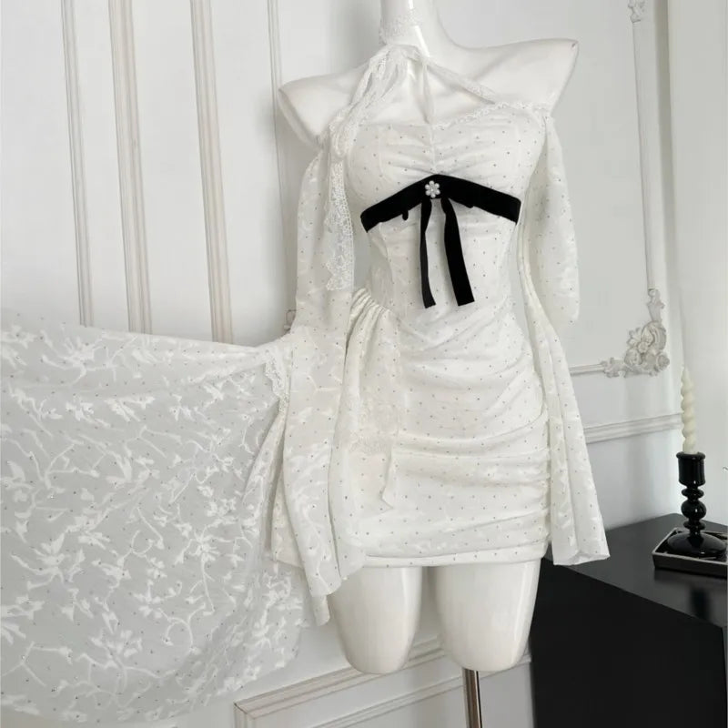 Hnewly DRESS TO IMPRESS Y2K Lace Bodycon Mini Dresses for Women Slash Neck Flare Sleeve A-line Birthday Party Short Train Dress Korean Fashion Vestidos