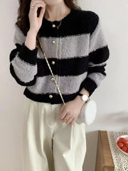 Hnewly  Women's Acrylic Long Sleeve O-Neck Button-Down Striped Cropped Knit Cardigan Ladies Autumn Winter Korean Fashion Knitwear