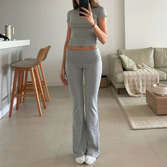 Hnewly Women Casual Slim Fit 2 Piece Set Short Sleeve Crop Tops + Pants Elegant Matching Suit Vintage Y2K Rib Knitted T-shirt Outfits
