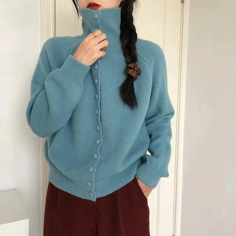Hnewly  High Neck Button Down Cardigan Women Long Sleeve Knitted Sweater Jacket Cozy Knitwear Teen-girl Fall Winter Basic Chic Knitwear