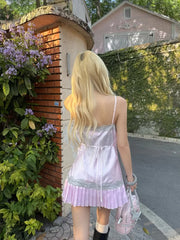 Hnewly  Elegant Pink Lace Patchwork Women Sling Dress Sexy V-neck Sleeveless High Waist Pleated Chic A-line Dresses New Party Wears
