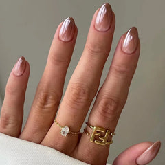 Hnewly 24Pcs Almond Nails Set with Glue Gradient Short Oval False Nails Wearable Round Head Press on Nails Full Cover Fake Nail Tips