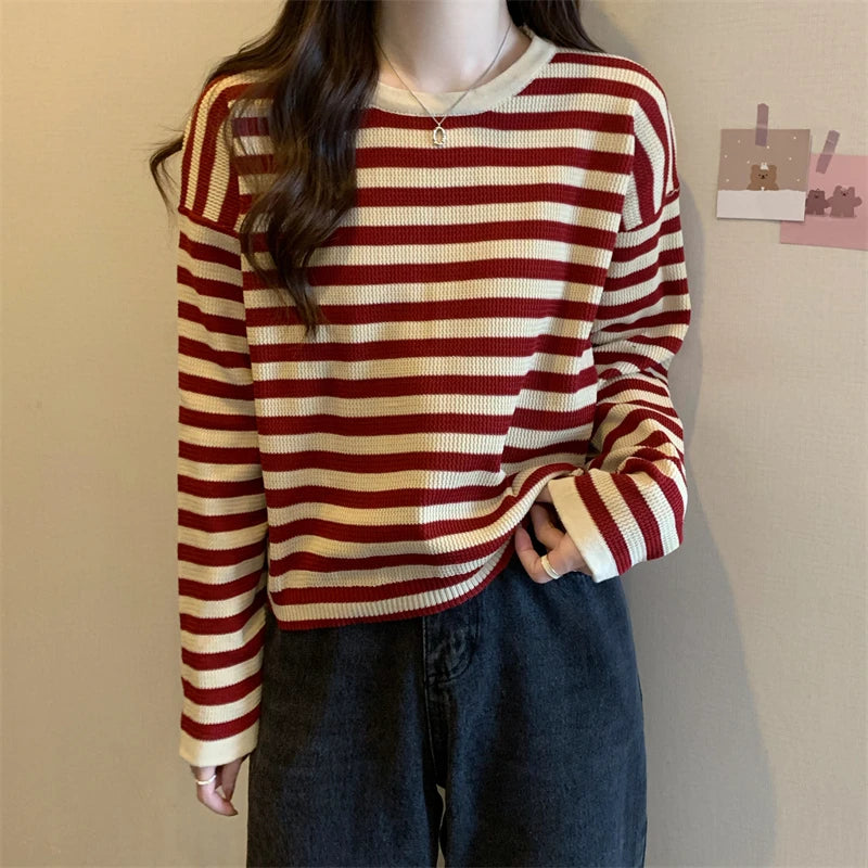 Hnewly  Women's Striped T-shirt Basic Tops Spring Autumn Fashion Color Contrast Loose O-neck Long Sleeve knitting Sweater