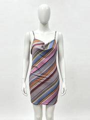 Hnewly  Contrast Color Stripe Mini Dresses Women's Slim Sleeveless Backless V-neck Dress New Ladies Summer Vacation Beach Outfit