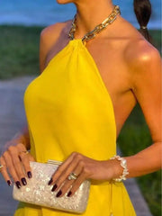 Hnewly  Womens Yellow Sleeveless Halter Backless Elegant Long Dress For Beach Summer