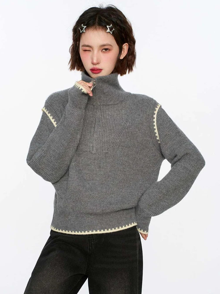 Hnewly Streetwear Retro Gray Sweaters Women Loose Harajuku Long Sleeve Knitted Pullover Y2K American Turtleneck Vintage Jumper New