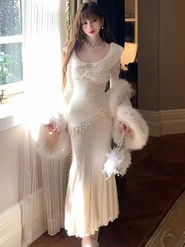 Hnewly Women Autumn Spring Elegant Lace Mermaid Dres Slim Waist  Vestidos Vintage Chic Evening Party Robe New