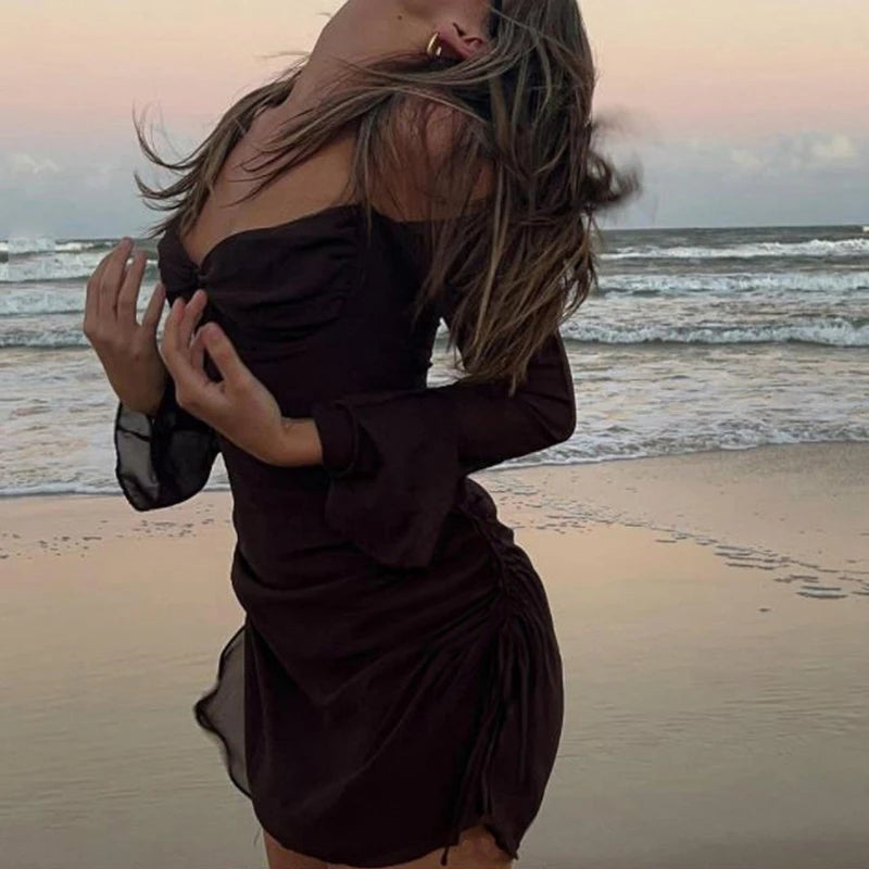 Hnewly Y2K Fairycore Mesh Halter Dress Chic Women Flare Sleeve Side Drawstring Ruched Mini Dress Elegant Lady Beach Holiday Club Party