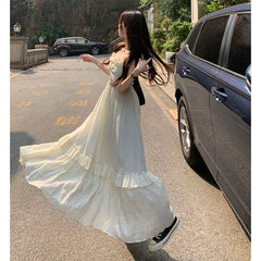 Hnewly Elegant Satin V Neck Dress Women Y2K Korean Chic Ribbon Slim Midi Dress Summer Sexy Hollow Out Folds Sleeveless Vestidos Mujer