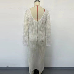 Hnewly  Sexy Women White Long Knit Sleeve Bikin Fashion Cover Up Female See-Through Deep V-Neck Hollow-Out Beach Knitwear Backless Dress
