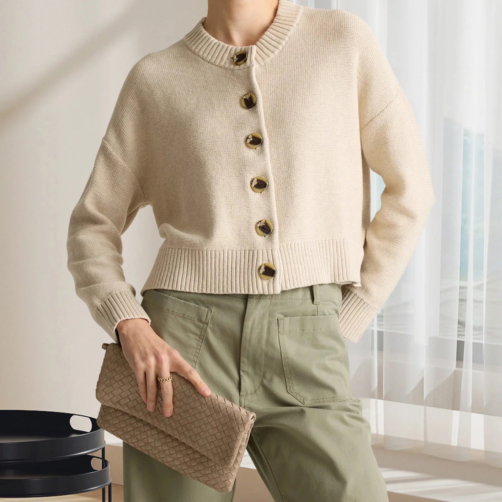 Hnewly Cardigan Tops y2k Women Clothes Solid Color Crew Neck Long Sleeve Button Down Knit Sweater 2000s Clothing Outwear