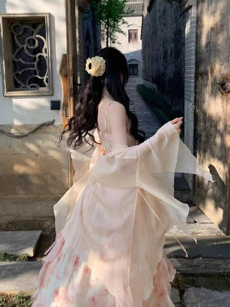 Hnewly 2 Piece Dress Sets Women Elegant Chiffon Summer Casual Slim Strap Dress + Fairy Cardigan Fashion Chic Vintage Suit Even Party