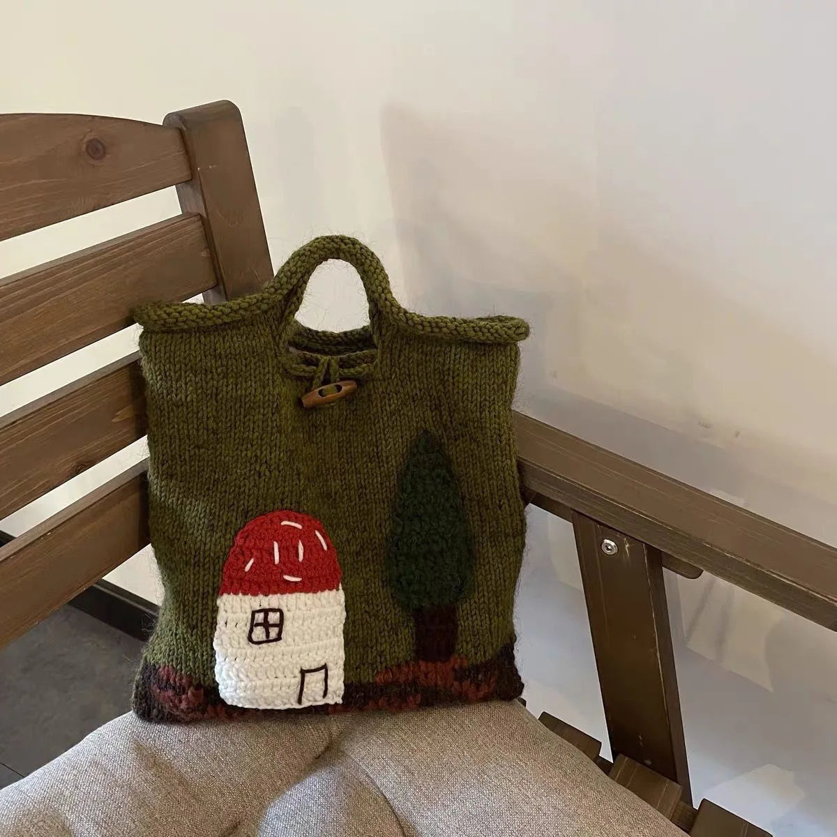 Hnewly  Mushroom House Tote Bags for Women Handbag Handmade Yarn Woven Bag Cute Crochet Shoulder Bag Wool Knitting Shopper Purses Clutch