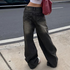 Hnewly Streetwear Grunge Baggy Jeans Women Vintage Distressed Straight Leg Y2K Denim Pants 90s Aesthetic Outfits Washed Chic