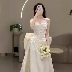 Hnewly  Satin Strapless Main Wedding Dress Sleeveless Host Engagement Banquet Welcome Out Bow Tie Fishtail Dress Skirt Customized