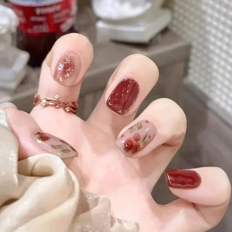 Hnewly 24pcs Red Rose False Nails Full Coverage Set Reusable Fake Nails Faux Acrylic Press on Nails with Accessories