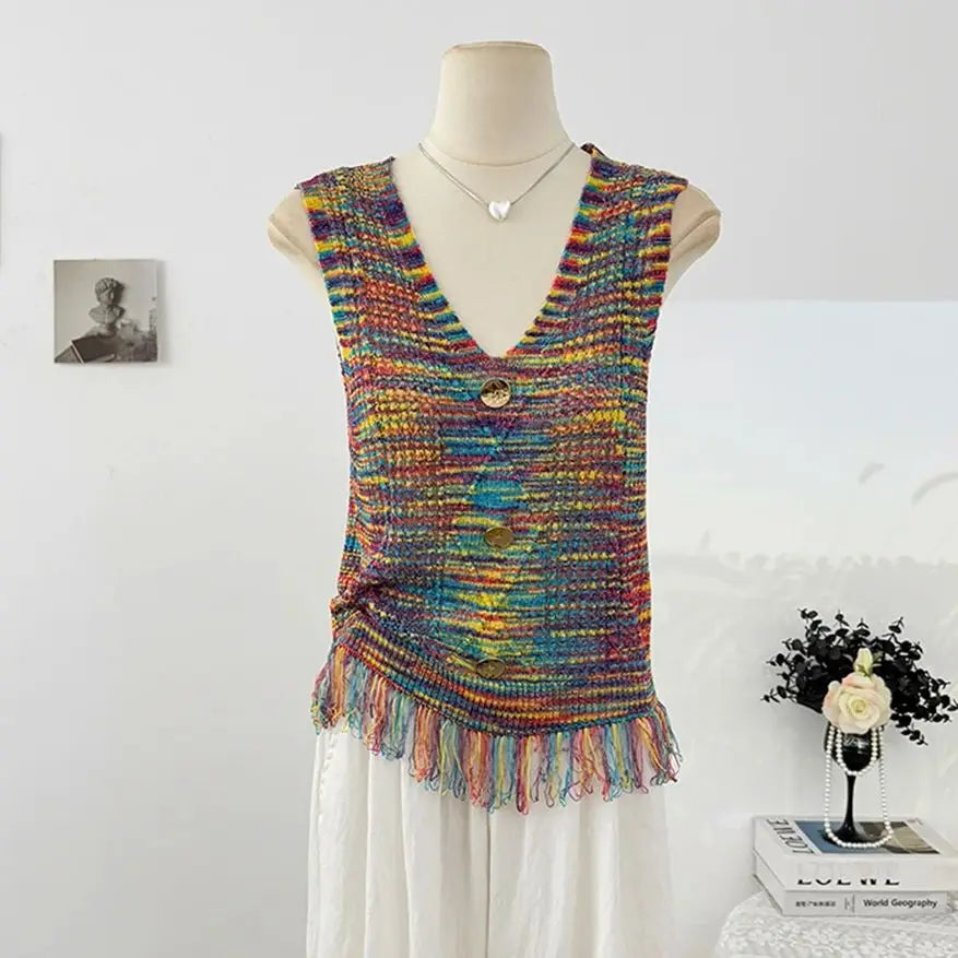 Hnewly  Retro Colored Striped Camisole Vest Women's 2025 New Summer New Sleeveless O-neck Knitted Shirt Elegant Hollow Out Short Top