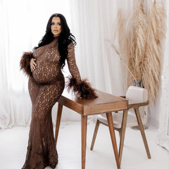Hnewly  Plus Size Maternity Lace Gown with Feather Sleeves, Brown Mermaid Dress for Pregnant Women, Sexy Sheer Long Sleeve Baby Shower