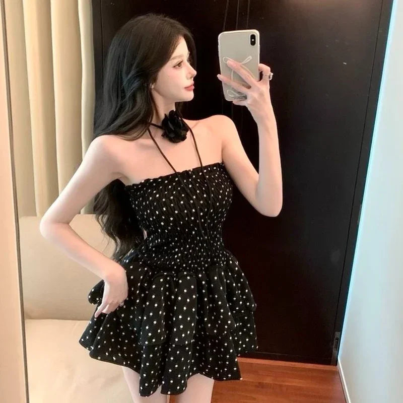 Hnewly DRESS TO IMPRESS Summer Lady Chic Fashion Ruched Mini Skirts Girls Korean Wave Point Short Dress Women Comfortable Off Shoulder A-line Dress