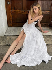 Hnewly  Patchwork High Split Dress Women Jacquard Hollows Low-Neck Summer Trend Vacation Beach Party Skinny Elegant Vestidos