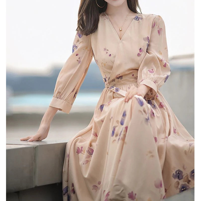Hnewly  Spring Autumn New V-neck Long Sleeve Midi Dress Women High Street Casual Printing Pleated Dresses Elegant High Waist Vestidos