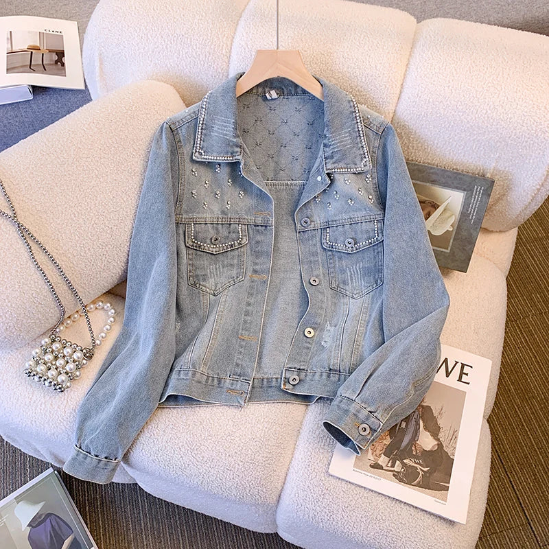 Hnewly  Women Denim Jacket Spring Autumn 2025 New Popular Sweet Luxury Beaded Short Top Loose Long Sleeve Lapel Single Breasted  Coat