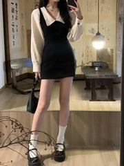 Hnewly Preppy Long Sleeve Mini Dresses for Women Korean Fashion Style Cute Sexy Peter Pan Collar A-line Fake 2 Pcs Casual Vestidos Chic