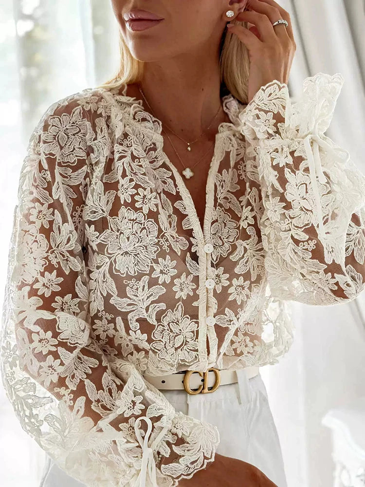 Hnewly  Women's V-neck Single Breasted Office Top Lace Embroidered Long Sleeve Loose Shirt New Spring Vacation Solid Color T-shirt