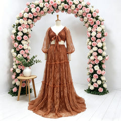 Hnewly  Maternity Gown For Photo Shoot V-neck And Off Shoulder Lace Dress Two-piece Set Boho Pregnant Dress Photography Dress For Women