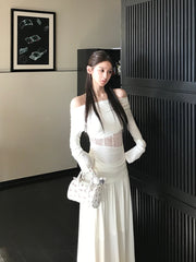 Hnewly French Elegant 2 Piece Skirts Sets Women Korean Clothing Y2k Crop Top T-shirts + Midi Skirts Thin Vintage Suits Office Lady Chic