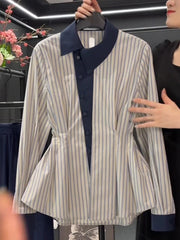 Hnewly  Temperament waist cinching slimming blue striped shirt spring new fat MM fashion contrasting long sleeved shirt