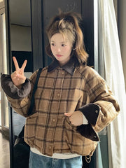 Hnewly  Warm Vintage Plaid Parkas Women Loose Long Sleeve Winter Thick Cotton Coat Korean Casual Pockets Cute Sweet Jacket Tops New