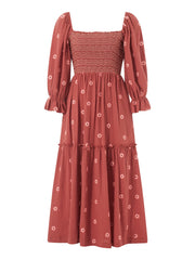 Hnewly  Bohemian Floral Dress Women Square Neck Ruffle Swing A Line Maxi Dress Long Sleeve Beach Style Holiday Lady Club Party Dress