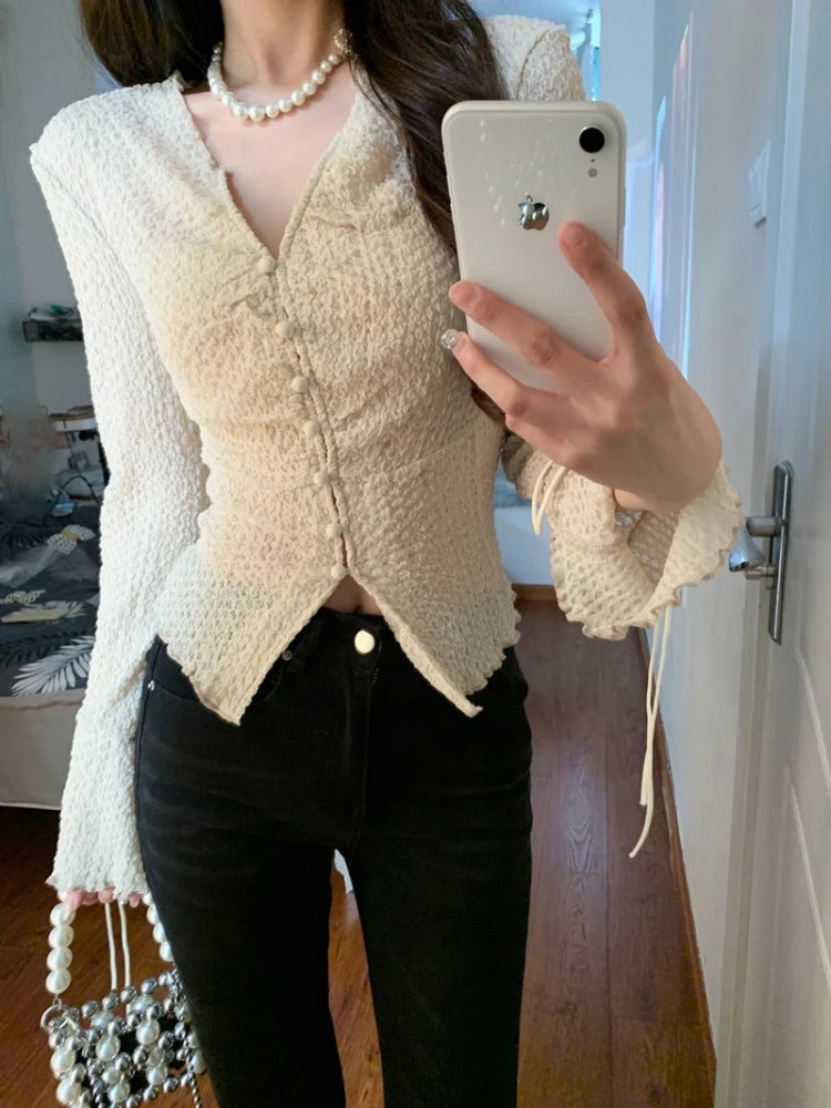 Hnewly Shirts Women Lace-up Sexy Temper Korean Style Simple Personality All-match Leisure New Slim Ladies Spring Delicate Popular Chic