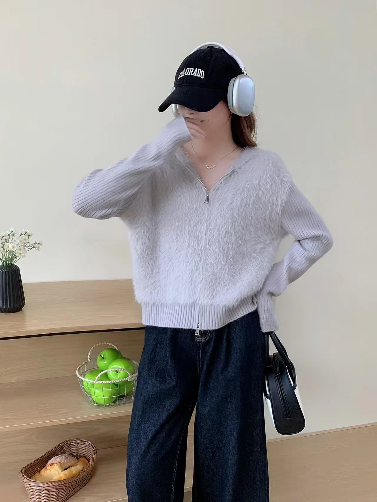 Hnewly  Fuzzy Sweater Hoodie Zip-Up Mohair-Knit Cardigan Women Long Sleeve Hooded Crop Top Knitwear Fall Winter Teen-girl Y2K Outfit