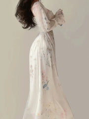 Hnewly  Summer Elegant Floral Fairy Dress Woman Beach Style Party Long Sleeve Midi Dress Fashion Female One Piece Dress Korean Boho