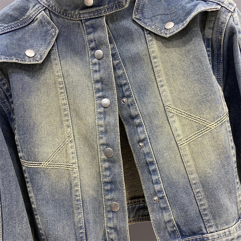 Hnewly  Women Standing Collar Denim Short Jacket Washed  Polished White Retro Motorcycle Outwear Spring Fashion Slim Long Sleeved Top