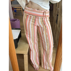Hnewly  Women's Y2k Striped Long Pants Side Drawstring Bow Tied Low Waist Baggy Wide Leg Beach Trousers Wide Belted Bottoms