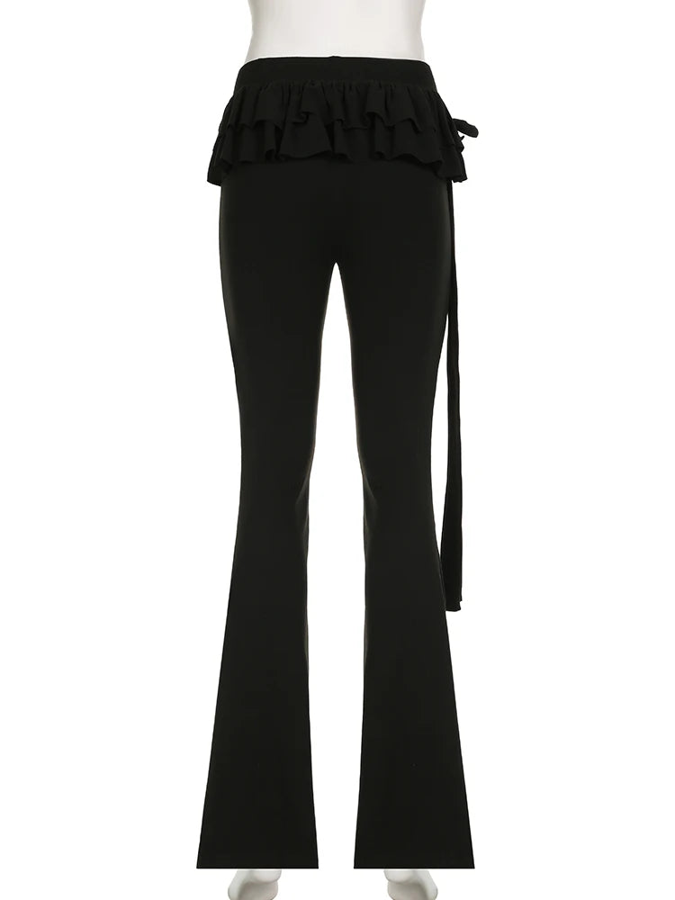 Hnewly Black Lace Up Ruffled Skirt Pants Low Waist Women Coquette Y2K Streetwear Wide Leg Trouser Fashion Flare Pants Harajuku