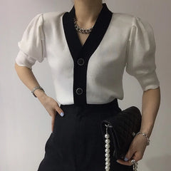 Hnewly  Summer Elegant Puff Short Sleeve Cardigan Office Lady 2023 Korean Contrast Single Breasted V-Neck Casual All-Match Knitted Tops