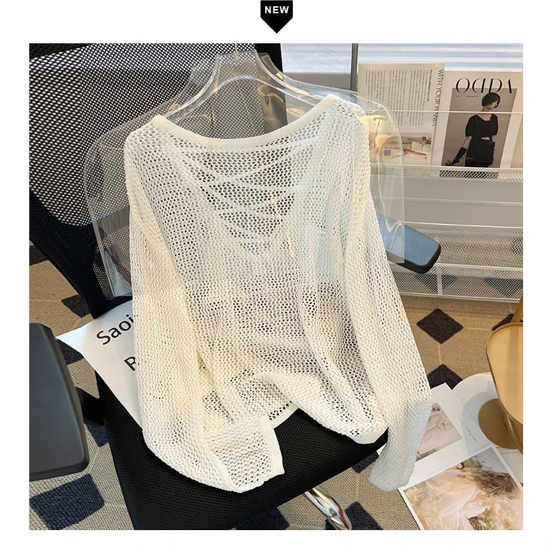 Hnewly Black White Striped Ice Silk Knitted Sweater Women Long Sleeved Loose Lazy Style Mesh Pullover Spicy Girl Hollow Out Top
