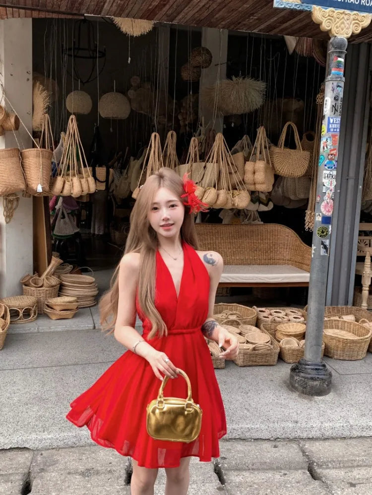 Hnewly  Woman Dresses Sleeveless V Neck Bandage Halter Backless Vintage Sexy Mini Dress Sweet Elegant Female Party Fashion