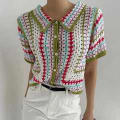 Hnewly  Rainbow Striped Crochet Shirt Collored Button-down Short Sleeve Openwork Knit Shirts Blouses Women Summer Boho Beach Outfit